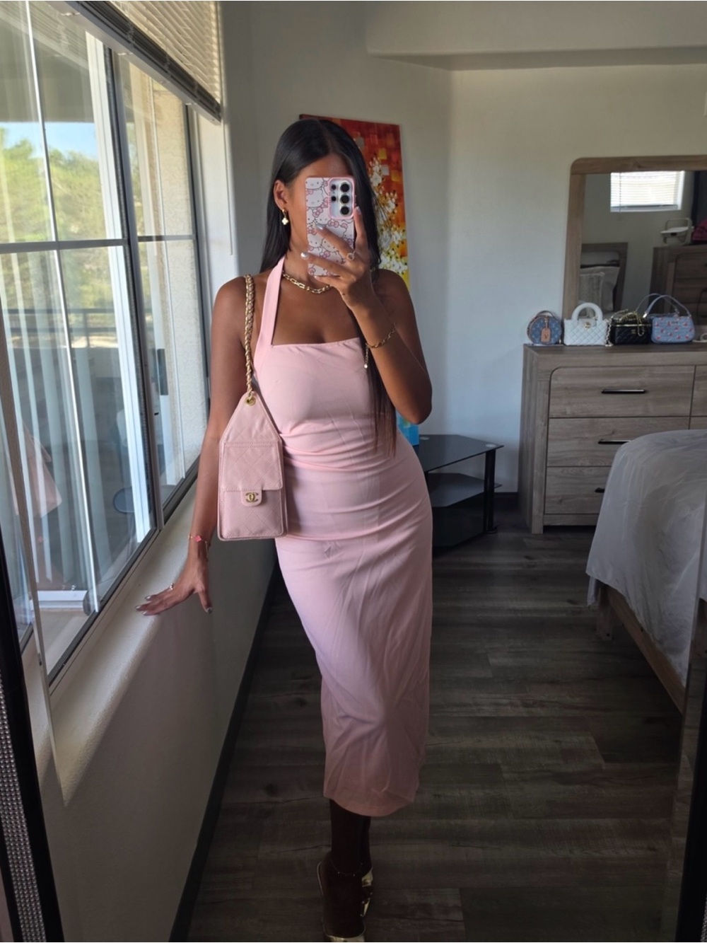 Elegant Pink Halter Midi Dress - Women's